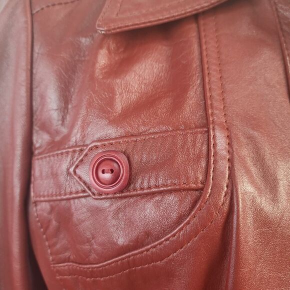 Vintage Size 10 (Runs Small) Red Leather Midi Coat Button Down Lined No Belt - Picture 14 of 16